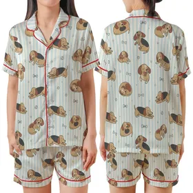 Dog Lover Dreamy Sleep Set: Sleepy Dachshund Beagle Pattern, Creamy Blue Stripes Satin Short-Sleeve Pajamas Set
