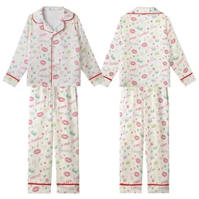 Sweetheart Charm Pastel Doodle Kisses, Crowns & Love Hearts Satin Short-Sleeve Pajamas Set