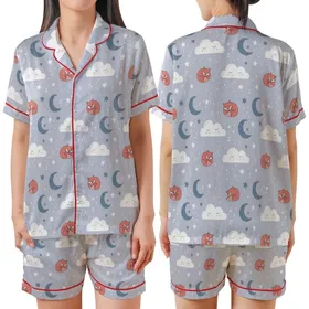 Dreamer's Gentle Slumber: Whimsical Cloud Moon Star Fox Bear Design - Soft Pastel Imagery Satin Short-Sleeve Pajamas Set
