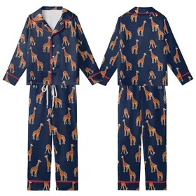 Giraffe Enthusiast's Charming Rusty Orange Brown Irregular Spot Giraffe Deep Navy Fabric Design Kid Satin Pajamas Set