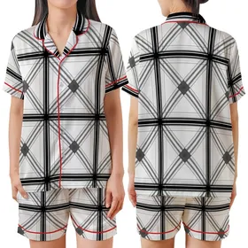 Classic Style Dense Interlaced White Black Gray Tartan Plaid Satin Short-Sleeve Pajamas Set