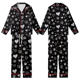 Heart & Paw Fan: Distressed Brush-Stroke Hearts & Paw Prints – Chalky White & Grey Scattered Design Item Kid Satin Pajamas Set