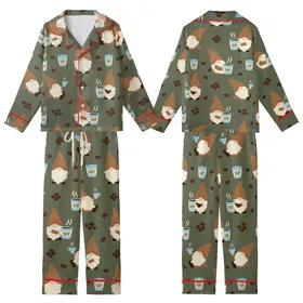 Gnome Coffee Lovers: Whimsical Gnomes & Espresso Beans - Deep Olive Green Cozy Loungewear Piece Kid Satin Pajamas Set