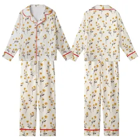 Delicate Wildflower Motif: Hand-Drawn Daisy Blossoms, Creamy Goldenrod & Dark Brown Kid Satin Pajamas Set