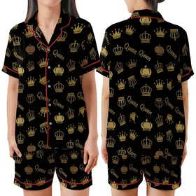 Empowered Queen Regal Gold Bronze Crown Tapestry Wearable Art Satin Short-Sleeve Pajamas Set