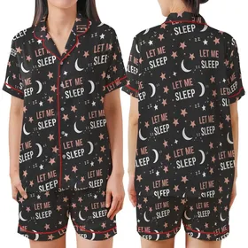Dreamer's 'LET ME SLEEP' Motif: Playful Eyelashes, Moon, Stars & ZZZs in Rose Pink Satin Short-Sleeve Pajamas Set