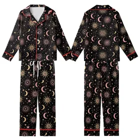 Stargazer's Golden & Rose Celestial Sun Moon Star Pattern - Deep Black Wearable Kid Satin Pajamas Set