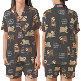 Sloth Lover's Dramatic Cartoon Sloth 'I'll Get Over It' Text Pattern Casual Wear Satin Short-Sleeve Pajamas Set