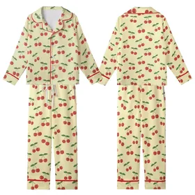 Women's Bright Red Cherry Clusters with Green Stems & Leaves – Whimsical Yellow Pattern – Comfort Loungewear Kid Satin Pajamas Set