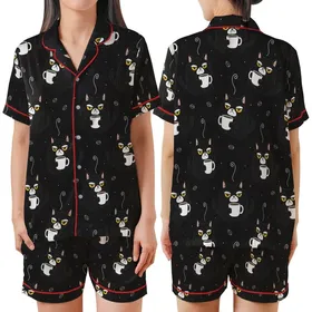 Cat Lover's Grumpy Shaggy Black Cat Coffee Mug Repeating Pattern – Humorous Wearable Art Satin Short-Sleeve Pajamas Set