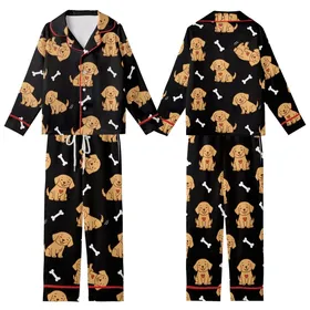 Golden Retriever Lover: Playful Puppies, Rosy Cheeks, Red Hearts & Bones Pattern - Black Background Kid Satin Pajamas Set