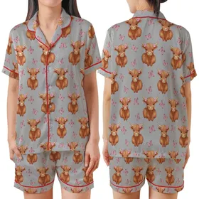 Baby Cow Lover's Reddish-Brown Highland Calf & Delicate Pink Butterfly Heather Grey Pattern Wearable Satin Short-Sleeve Pajamas Set