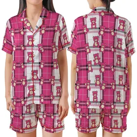 Playful Soul's Loungewear: Vibrant Pink Plaid, Cartoon Bears with Cream Snouts & Hearts Satin Short-Sleeve Pajamas Set