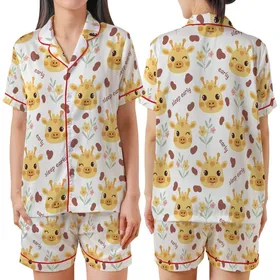 Gentle Baby Giraffe Sleep Set: Red-Brown Spot & Pink Flower Pattern with 'Sleep Early' Text Satin Short-Sleeve Pajamas Set