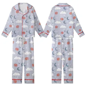 Dreamer's Gentle Slumber: Whimsical Cloud Moon Star Fox Bear Design - Soft Pastel Imagery Kid Satin Pajamas Set