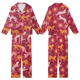 Whimsical Folk Art Leopard Design: Orange-Yellow & Pink Leopards, Crimson, Yellow Suns, Pink Hearts, Teal Starbursts Kid Satin Pajamas Set