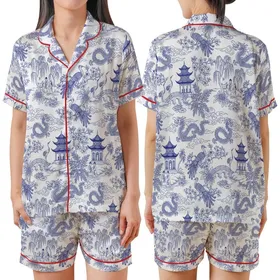 Chinoiserie Chic: Cobalt Blue Toile de Jouy Dragon Phoenix Crane Scenic Wearable Design Satin Short-Sleeve Pajamas Set