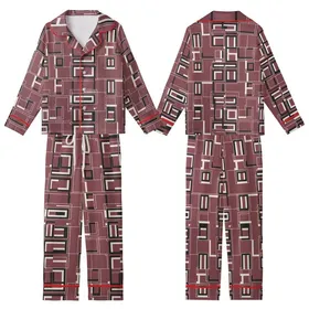 Elegant Wearer: Deep Maroon Black Squares Rectangles Pattern - Crisp White Border Design Kid Satin Pajamas Set