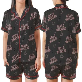 Weekend Lover's HELLO WEEKEND Repeating Pattern: Dusky Rose & Black Coffee Moon Star Wearable Item Satin Short-Sleeve Pajamas Set