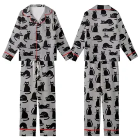 Cat Lover's Playful Black Cat Silhouettes - Heather Grey Wearable Motif Kid Satin Pajamas Set