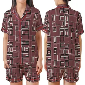 Elegant Wearer: Deep Maroon Black Squares Rectangles Pattern - Crisp White Border Design Satin Short-Sleeve Pajamas Set