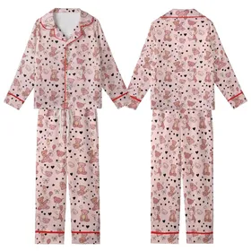 Sweetheart's Pale Pink Teddy Bear Heart Bow Star Scatter Design Cozy Wrap Kid Satin Pajamas Set