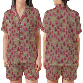 Chic Holiday Wearable: Pink Magenta Glittery Christmas Trees Gold Merry Christmas Script Satin Short-Sleeve Pajamas Set