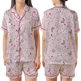 Cherry Blossom Butterfly Delicate White Pink Fuchsia Floral Scatter Design Kid Satin Pajamas Set