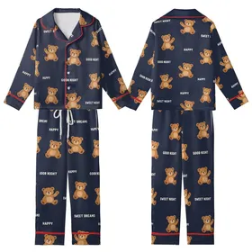 Sweet Dreams Lover: Playful Teddy Bear & Happy Text Pattern - Dark Navy Comfort Attire Kid Satin Pajamas Set