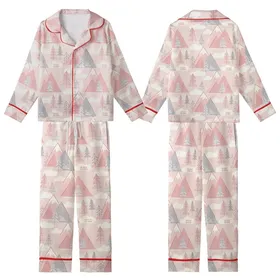 Nature Lover's Soft Pink Gray Minimalist Mountain & Pine Pattern, 'THE GREAT OUTDOORS' Text Top Kid Satin Pajamas Set