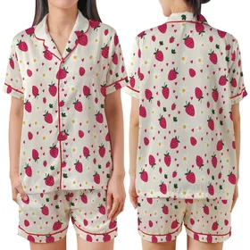 Playful Spirit's Fuchsia Strawberry Daisy Heart Motif on Cream Wearable Design Satin Short-Sleeve Pajamas Set