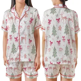 Whimsical Pink Christmas Watercolor Scatter - Santa, Reindeer, Trees, Gifts Design Satin Short-Sleeve Pajamas Set
