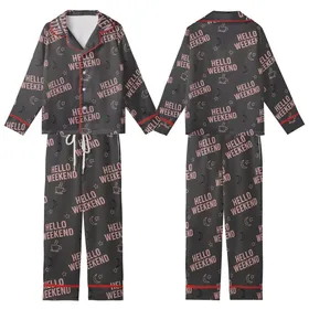 Weekend Lover's HELLO WEEKEND Repeating Pattern: Dusky Rose & Black Coffee Moon Star Wearable Item Kid Satin Pajamas Set