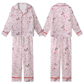 Cherry Blossom Butterfly Delicate White Pink Fuchsia Floral Scatter Design Kid Satin Pajamas Set