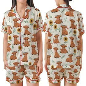 Fluffy Baby Highland Cow Flower Crown Sunflowers Whimsical Nature Wearable Art Satin Short-Sleeve Pajamas Set