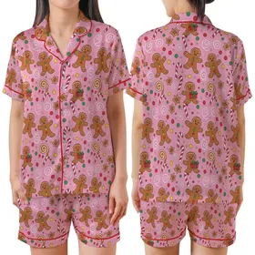 Whimsical Gingerbread Fun: Cheerful Characters, Candy Canes, Pink Gumdrop Swirls - Festive Item Kid Satin Pajamas Set