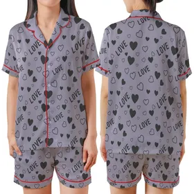 Love-Inspired Muted Lavender Hearts Pattern: Scattered Charcoal Outline Design Satin Short-Sleeve Pajamas Set