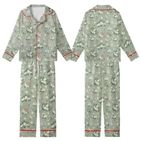 Whimsical Vintage Garden Rabbits: Ditsy Cream Wildflower Sage Pattern - Charming Decor Element Kid Satin Pajamas Set