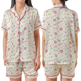 Sweetheart Charm Pastel Doodle Kisses, Crowns & Love Hearts Satin Short-Sleeve Pajamas Set