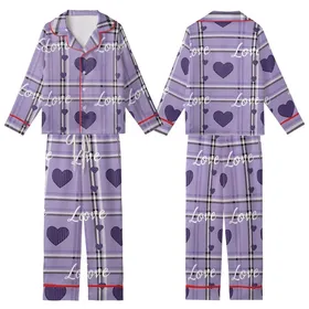 Romantic Lavender Black White Tartan Plaid Script Love Hearts Pattern Design Kid Satin Pajamas Set