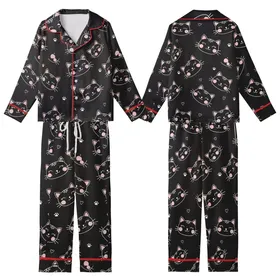 Cute Minimalist Winking Cat Faces with Hearts & Paw Prints Pattern Kid Satin Pajamas Set