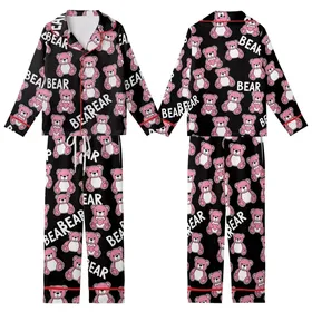 Whimsical Bear Lover Pink Cartoon Teddy Bear & 'BEAR' Text Heart Design Kid Satin Pajamas Set