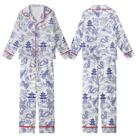 Chinoiserie Chic: Cobalt Blue Toile de Jouy Dragon Phoenix Crane Scenic Wearable Design Kid Satin Pajamas Set