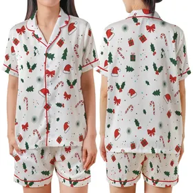 Festive Joy Collection: Whimsical Holly, Candy Cane & Santa Hat Design - Seasonal Wearable Item Satin Short-Sleeve Pajamas Set