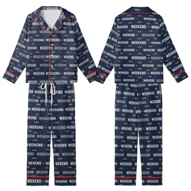 Weekend Enthusiast's Navy Relax Enjoy Typographic Word Print Casual Piece Kid Satin Pajamas Set