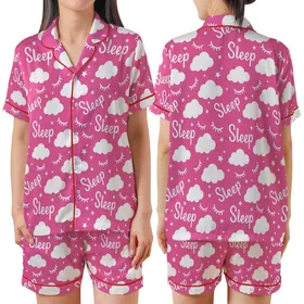 Cozy Dreamer's Hot Pink White Whimsical Sleep Eyelashes Star Cloud Pattern Sleep Set Satin Short-Sleeve Pajamas Set