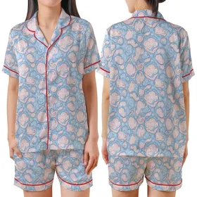 Serene Organic Swirls: Pale Sky Blue Muted Pink Paisley Dots Custom Design Satin Short-Sleeve Pajamas Set