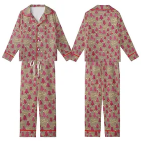 Chic Holiday Wearable: Pink Magenta Glittery Christmas Trees Gold Merry Christmas Script Kid Satin Pajamas Set
