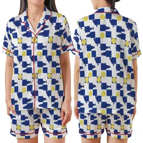 Vibrant Coastal Design: Royal Blue White Checkerboard Sardine Lemon Flat Graphic Wearable Satin Short-Sleeve Pajamas Set