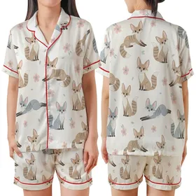 Whimsical Fox Lover's Playful Fennec Fox, Striped Fur, Pastel Cherry Blossom Designed Wear Satin Short-Sleeve Pajamas Set